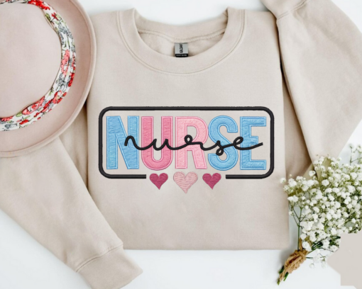 Nurse Embroidered Pink Floral Applique Sweatshirt • Personalized RN Pullover • Doctor Sweatshirt • Gift for Medical Professionals