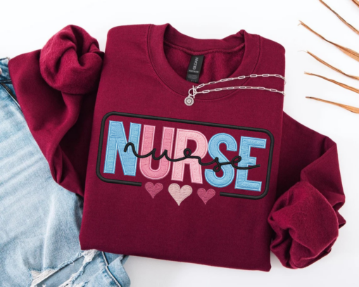 Nurse Embroidered Pink Floral Applique Sweatshirt • Personalized RN Pullover • Doctor Sweatshirt • Gift for Medical Professionals